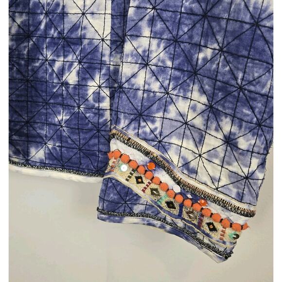 Chico's Quilted Jacket Blue Tie Dye Shibori Open Front Embroidered Sz 3 (XL) - Picture 4 of 8